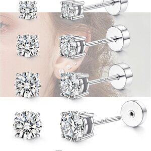 Sterling Silver Hypoallergenic Flat Back Earrings for Women - 2/3/4/5mm Cubic Zi